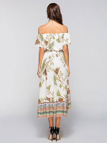 Asymmetric Printed Off-the-shoulder Midi Dress