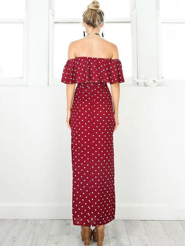 Burgundy Polka-Dot Falbala Off-the-shoulder Short Shirt And Long Skirt Suits Burgundy Polka-Dot Falbala Off-the-shoulder Short Shirt And Long Skirt Suits
