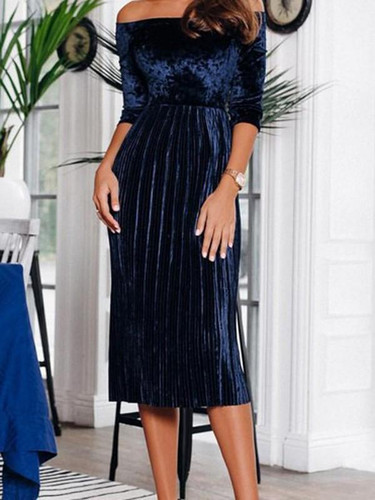 New Navy Blue Pleated Off Shoulder Half Sleeve Elegant Velvet Midi Dress