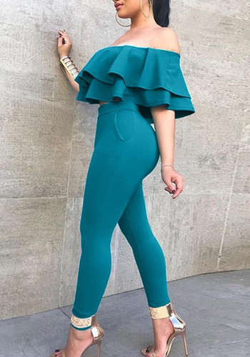 Green Ruffle Off Shoulder Peplum Two Piece Fashion Long Jumpsuit
