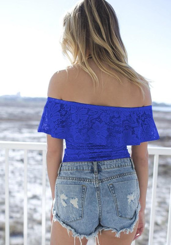 Blue Floral Lace Ruffle Backless Off Shoulder Short Jumpsuit