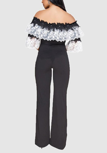 Black Lace Off Shoulder High Waisted Office Worker/Daily Wide Leg Long Jumpsuit