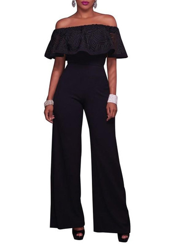 Black Patchwork Lace Off Shoulder High Waisted Wide Leg Long Jumpsuit
