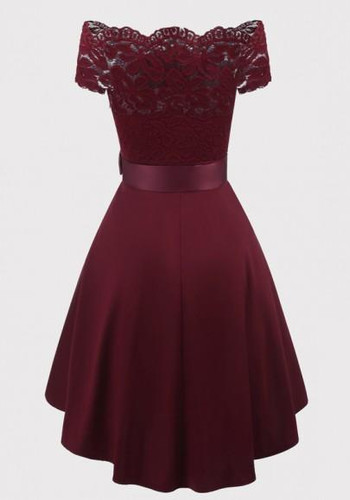 Burgundy Patchwork Lace Sashes Bow Pleated Off Shoulder Tutu Elegant Party Midi Dress