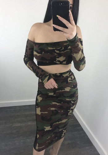 Army Green Camouflage Grenadine Off Shoulder Backless Two Piece Club Party Midi Dress