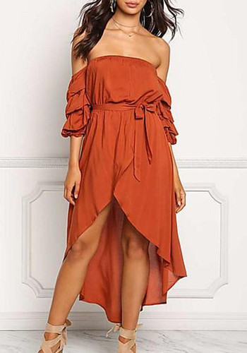 Red Ruffle Irregular High-low Swallowtail Sashes Banquet Off Shoulder Midi Dress