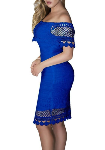 Sapphire Blue Lace Bandeau Cut Out Off Shoulder Backless Homecoming Party Midi Dress