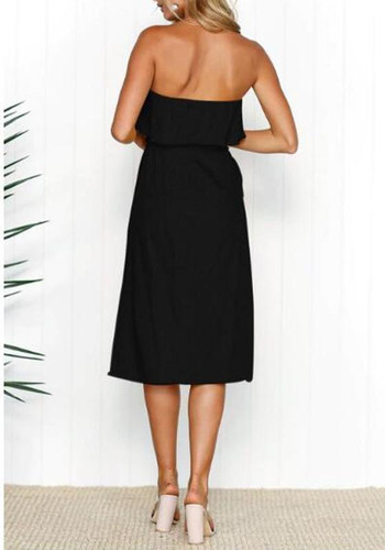 Black Pockets Sashes Buttons Ruffle Off Shoulder Backless Elegant Beach Party Midi Dress