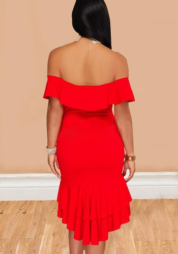 Red Ruffle Irregular Swallowtail Off Shoulder Backless Mermaid Homecoming Cocktail Party Midi Dress