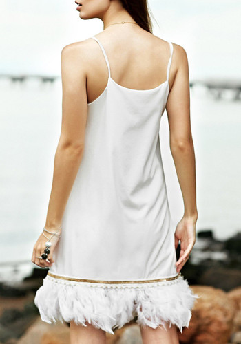 White Feather Beading Spaghetti Strap Off Shoulder Deep V-neck Backless Beach Mini Dress