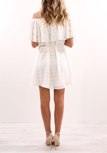 Casual White Patchwork Belt Draped Double-deck Off Shoulder Mini Dress