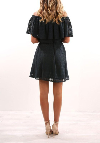 Casual New Women Black Patchwork Belt Draped Double-deck Off Shoulder Mini Dress