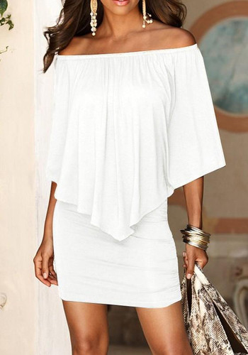 Casual White Plain Draped Off The Shoulder Double-deck Boat Neck Elbow Sleeve Mini Dress