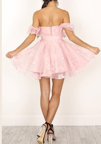 Casual Pink Patchwork Lace Ruffle Zipper Off Shoulder Backless Mini Dress