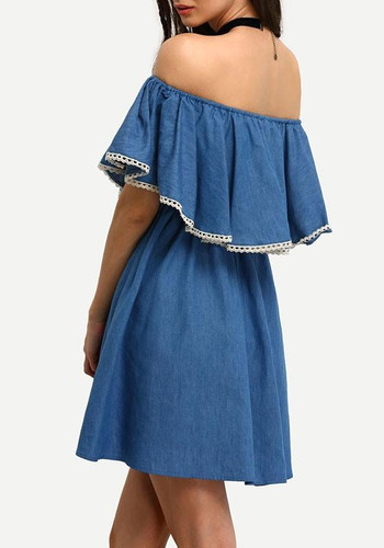 Casual Blue Patchwork Lace Ruffle Draped Off Shoulder Slit Vintage Mini Dress