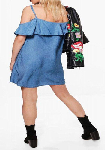 Casual Dark Blue Ruffle Off Shoulder Spaghetti Strap V-neck Denim Mini Dress