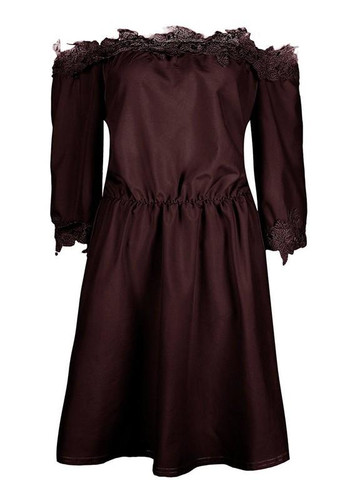 Casual Brown Patchwork Lace Draped Off Shoulder 3/4 Sleeve Mini Dress