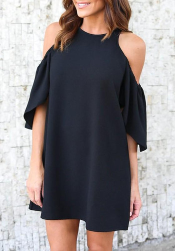 Casual Black Draped Off-shoulder Round Neck Short Sleeve Mini Dress