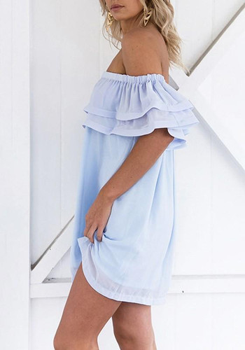 Blue Plain Cascading Falbala Bandeau Off Shoulder Backless Elegant Mini Dress