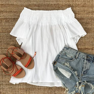 Casual White Pleated Off Shoulder Flare Sleeve Mini Dress