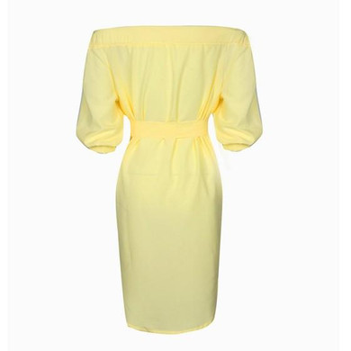 Casual Yellow Belt Off Shoulder Short Sleeve Mini Dress