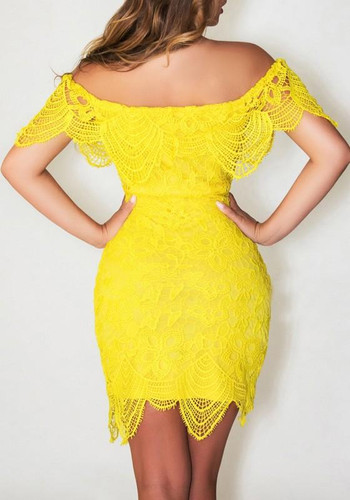 Casual Yellow Patchwork Lace Off Shoulder Boat Neck Short Sleeve Fashion Mini Dress