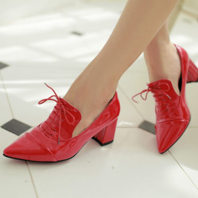 Casual Big Size Pointed Toe Pu Pure Color Office Work Lace Up Square Heel Shoes