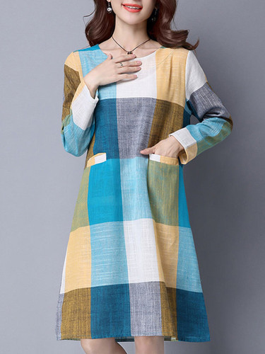 Casual Color Block Plaid Round Neck Pocket Shift Dress