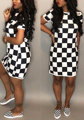 Black-White Plaid Pattern Round Neck Short Sleeve Casual Midi Dress