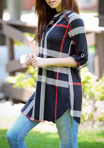Casual Navy Blue Plaid Buttons Irregular V-neck 3/4 Sleeve Casual Loose Mini Dress