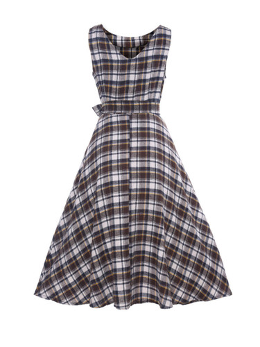 Casual 2 Color Round Neck Bowknot Plaid Skater-dress