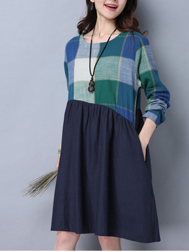 Casual Round Neck Pocket Color Block Plaid Skater Dress