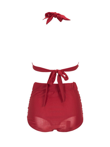 Casual Ruched Halter Bowknot Solid Swimwear