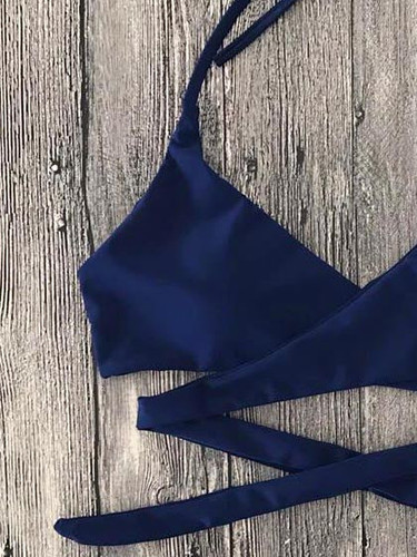 Casual Blue Romance Floral Print Cross Bikini Set