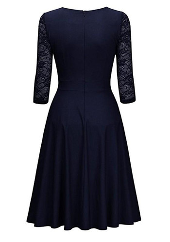 Navy Blue Patchwork Lace Draped Round Neck Fashion Midi Dress