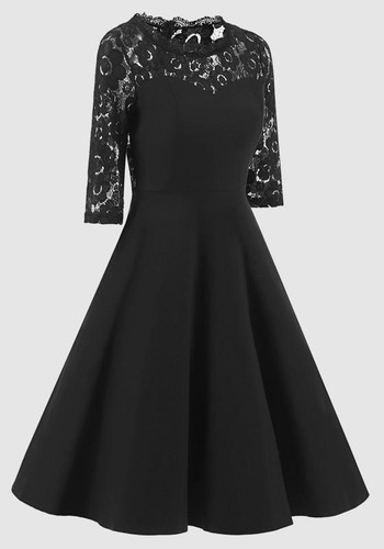 Black Patchwork Lace Draped Round Neck Elbow Sleeve Midi Dress