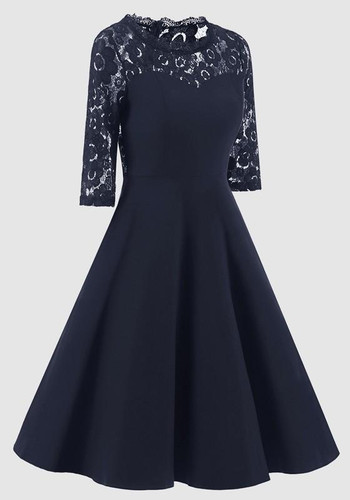 Navy Blue Patchwork Lace Draped Round Neck Elbow Sleeve Midi Dress