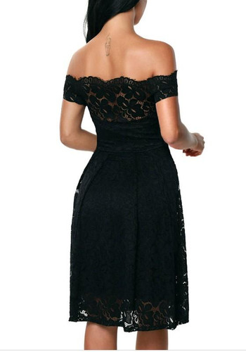 Black Lace Draped Double-deck Boat Neck Elegant Midi Dress