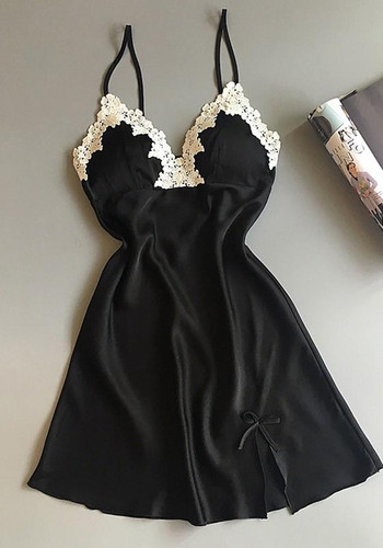 Black Patchwork Lace Condole Belt Bow V-neck Mini Dress Black Patchwork Lace Condole Belt Bow V-neck Mini Dress