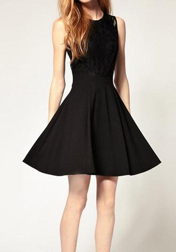 Black Patchwork Lace Hollow-out Zipper Clubwear Round Neck Mini Dress