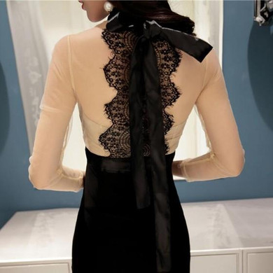 Casual Black Patchwork Grenadine Hollow-out Lace Zipper Mini Dress