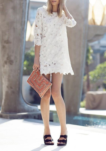 Casual White Plain Hollow-out Lace Round Neck Mini Dress