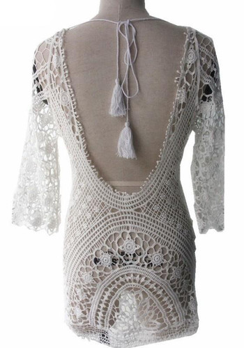 Casual White Patchwork Lace Hollow-out Round Neck Mini Dress