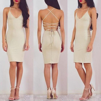 Casual Khaki Plain Cross Back Spaghetti Straps Lace-up Backless Pencil Mini Dress