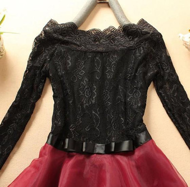 Casual New Women Patchwork Lace Bow Boat Neck Mini Dress