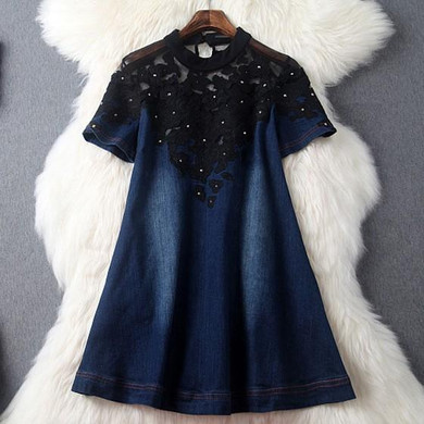 Casual Blue Patchwork Hollow-out Lace Buttons Round Neck Fashion Mini Dress