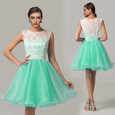 Green Patchwork White Lace Pleated Round Neck Sleeveless Party Tutu Mini Dress