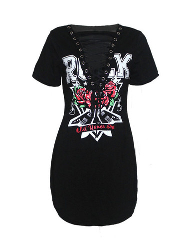 Casual Deep V-Neck Lace-Up Curved Hem Printed Plus Size Bodycon Dress