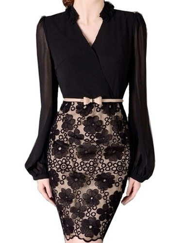 Ladylike Band Collar Lace Patchwork Bodycon-dress