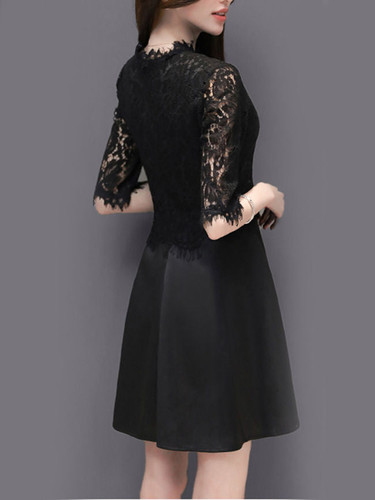 Casual Band Collar Exquisite Decorative Lace Plain Lace Skater Dress Casual Band Collar Exquisite Decorative Lace Plain Lace Skater Dress